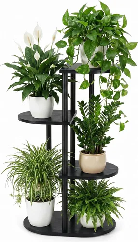 Tiered Plant Stand Indoor, Tall 4 Tier 5 Potted Wooden Plant Shelf for Multiple Flower Plants, Multi Corner Metal Plant Holder Indoor for Patio