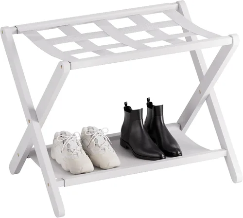 Miniatura 10 de HITNET Portaequipajes para habitación de invitados, soporte de maleta plegable, soporte de equipaje de hotel de bambú con estante de almacenamiento
