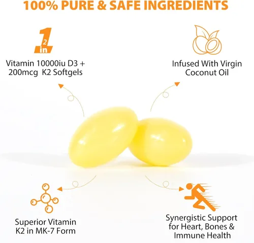 Miniatura 3 de 2 Bolsas de Suplemento de Vitamina D3 K2 en Cápsulas Blandas, Cápsulas Blandas de Vitamina D3 K2 con 10000 UI Apoyan la Salud del Sistema Inmune