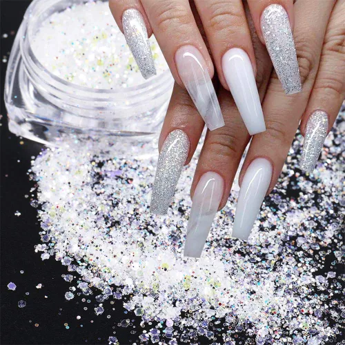Miniatura 6 de Kits de arte de uñas holográficas, 6 cajas 3D con purpurina metálica brillante en copos acrílicos en polvo y lentejuelas para decoración holográfica