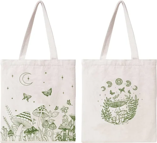 THEYGE Bolsa de mano con diseño de hongos, estética, vintage, divertida, de lona de algodón, reutilizable, para compras, playa, bolsa de hombro Verde