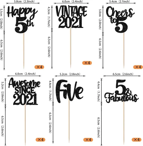 Miniatura 2 de Rsstarxi Paquete de 24 adornos para cupcakes vintage 2019 con purpurina negra para 5º cumpleaños, saludos a 5, cinco, 5, 5 fabulosos para cupcakes