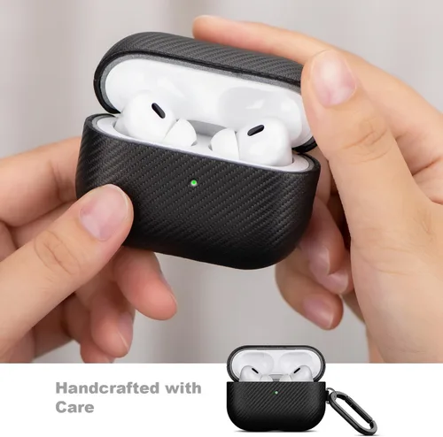 Miniatura 3 de LOPIE Funda hecha a mano para estuche de AirPods Pro de 1ª generación, funda de cuero vegano con textura de fibra de carbono con llavero y kit