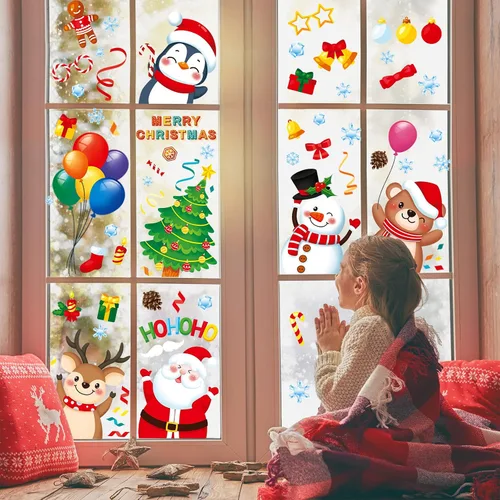 Miniatura 4 de Adhesivos de ventana de Navidad, 9 hojas de calcomanías de ventana de Navidad, Papá Noel, muñeco de nieve, reno, copo de nieve de Navidad