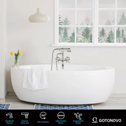 Miniatura 8 de gotonovo Grifo de bañera Clawfoot de montaje en pared con rociador de mano y boquilla giratoria de doble mango cruzado de 360°, juego de grifos