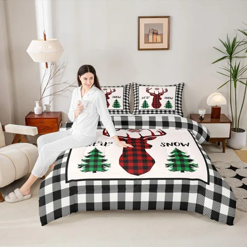 Miniatura 13 de Juego de edredón de Feliz Navidad para niños, tamaño twin, juego de ropa de cama de camión rojo árboles de pino copos de nieve, decoración