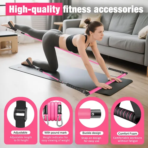 Miniatura 7 de Kit de barra de pilates Bbtops con bandas de resistencia, barra de pilates con bandas apilables, equipo de entrenamiento para piernas, cadera, Rosa