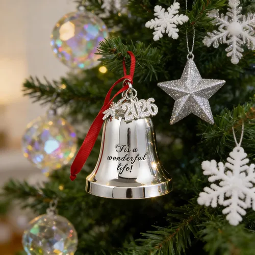 Miniatura 2 de JUPPE Adornos de campana de Navidad grabados en plata 2025 con texto en inglés "It's A Wonderful Life" para árbol de Navidad, boda, aniversario