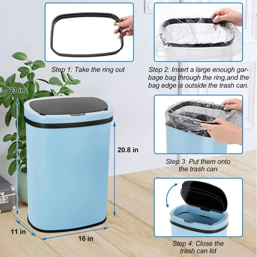 Miniatura 2 de Bote de basura automático sin contacto de 13 galones con tapa, capacidad de 50 L, acero inoxidable, azul, 16 x 11 x 23 pulgadas