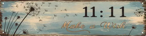 Letrero decorativo vintage de 11:11 «Make A Wish», placa de 4 x 16 pulgadas con motivo de diente de león para el hogar, porche, garaje, para