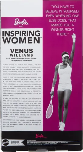 Miniatura 6 de Serie Barbie Inspiring Women, muñeca de moda Venus Williams con uniforme de tenis característico y raqueta, incluye embalaje para exhibir