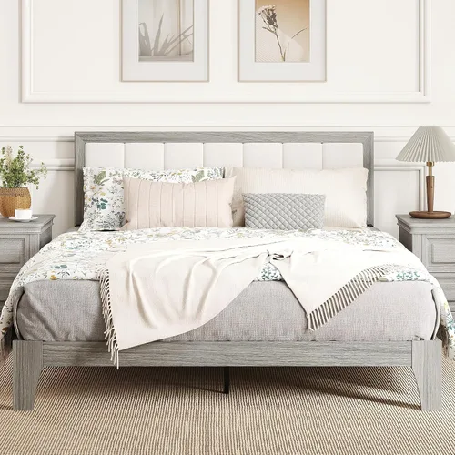 Miniatura 11 de HOMCOM Base de cama de tamaño matrimonial con cabecera tapizada, marco de cama de plataforma con listones de madera, no necesita somier, fácil