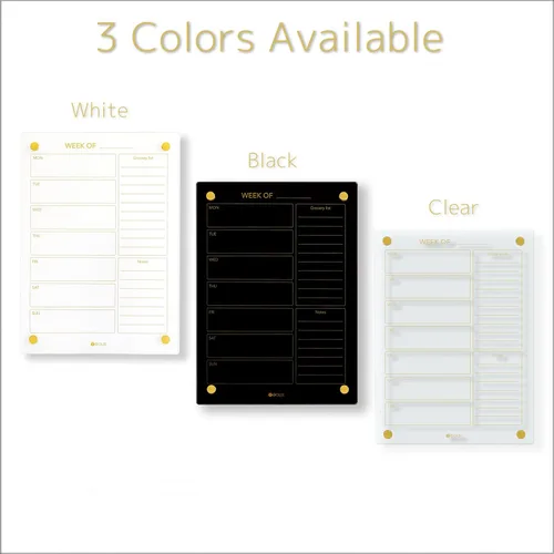 Miniatura 7 de Calendario semanal de borrado en seco dorado de cristal negro y pizarra blanca de menú para pared, planificación de comidas y lista de compras