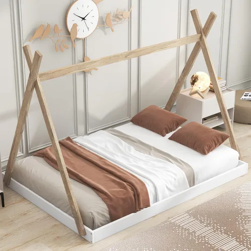 Miniatura 12 de SOFTSEA Cama de casa con marco de cama de piso doble con estructura triangular Blanco