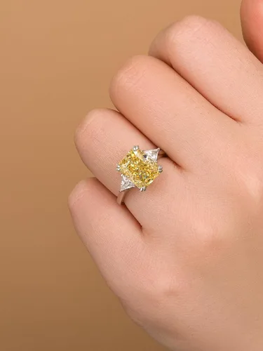 Miniatura 5 de 4.0CT Anillo de compromiso amarillo de corte radiante, rosa, transparente, anillo de compromiso S925 con piedras preciosas de color de 3 piedras