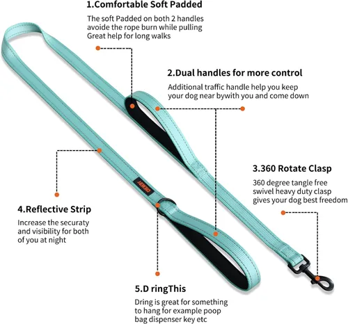 Miniatura 6 de Correa resistente para perros con 2 asas - Correa reflectante anti-tracción de 6 pies para perros grandes, asa acolchada de tráfico para control