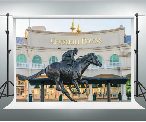 Miniatura 2 de YongFoto Churchill Downs - Telón de fondo de 5 x 3 pies, estatua de carreras de caballos Kentucky Derby, fiesta de carreras de caballos, amante