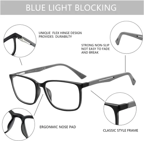 Miniatura 4 de BLUEMOKY Gafas de lectura de luz azul para hombres, lectores de marco cuadrado deportivo, gafas de computadora antirreflejos C05 Negro y Tortuga