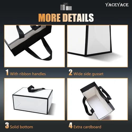 Miniatura 4 de Pequeñas bolsas de regalo blancas y negras a granel, 10 piezas de 8"x3.75"x6" bolsas de papel blanco y negro con asa de cinta, mini bolsas de regalo