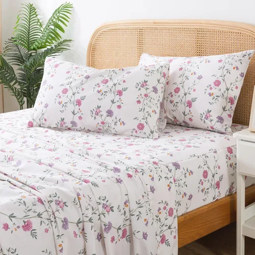 Miniatura 15 de Zusbest Juego de sábanas florales de 100 % algodón percal, color naranja y amarillo, juego de sábanas suaves y transpirables con diseño botánico