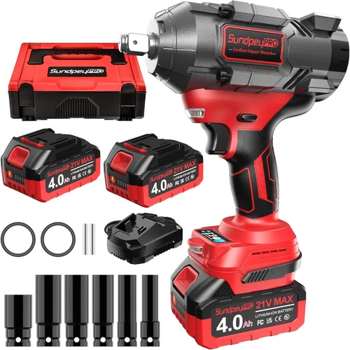 Llave de impacto inalámbrica 1107 pies-libras (1500 N·m) - 1/2" 21 V de alto par sin escobillas con 2 baterías de 4.0 Ah y 6 enchufes y cargador Rojo