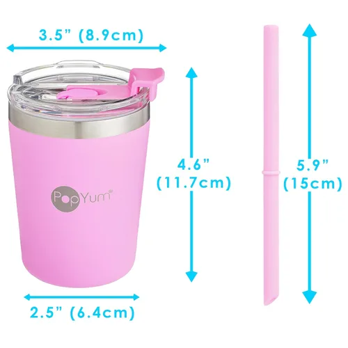Miniatura 9 de PopYum - Vasos de acero inoxidable para niños, 9 onzas, morado, rosa, paquete de 2 Aislado, aspiradora de doble pared, tapa y pajilla, apilable, a