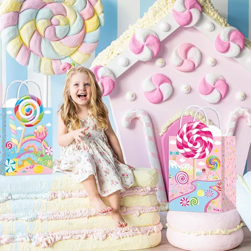 Miniatura 7 de C L cooper life 12 bolsas de regalo de fiesta de Candyland con asas, bolsas de regalo para fiestas temáticas de piruletas, suministros para fiesta