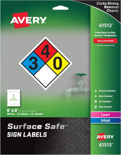 Avery Señales de advertencia imprimibles, 8 "x 8", resistente al agua/productos químicos, 15 etiquetas extraíbles (61513)