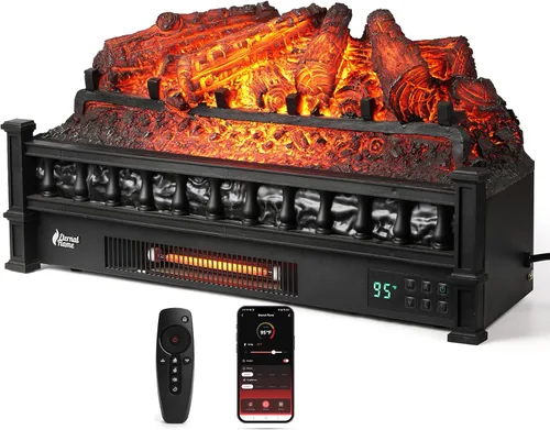 TURBRO Eternal Flame - Calentador de chimenea eléctrica de cuarzo infrarrojo WiFi de 26 pulgadas con sonido crepitante, troncos de madera de pino