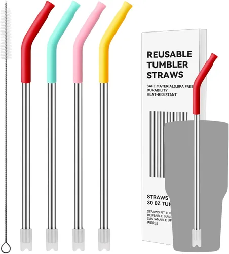 4 popotes de acero inoxidable para vaso Yeti de 30 onzas, pajitas de metal reutilizables con puntas de silicona para vasos de 30 onzas, popote de