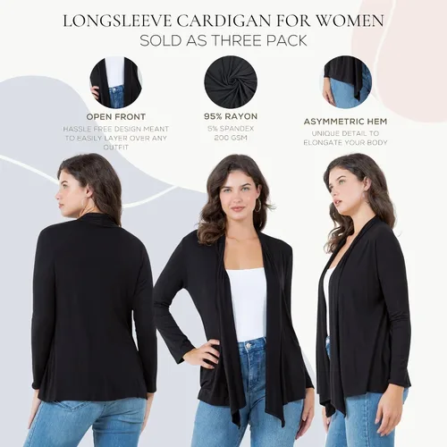 Miniatura 5 de Azules 3-Pack Women's Long Sleeve Open Front Cardigan - Lightweight Rayon Sweater, Soft Flowy Layer for Casual