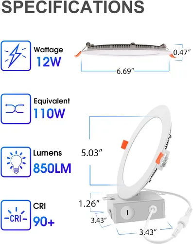 Miniatura 2 de Luminaria empotrable LED delgada de 6 pulgadas con caja de conexiones, luz blanca cálida 3000 ºK, la luz descendente de 12 W equivale a 110 W, luces