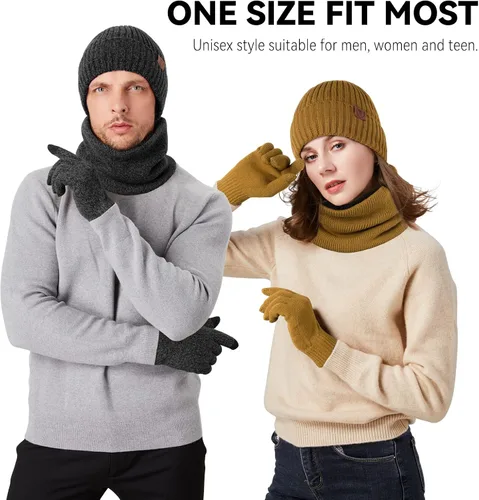 Miniatura 10 de OZERO Juego de 3 piezas de gorro de invierno y bufanda para mujeres y hombres: guantes para pantalla táctil, gorro de punto, calentador de cuello