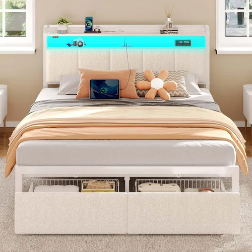 Miniatura 13 de Rolanstar Armazón de cama tamaño completo con estación de carga y luces LED, cabecera tapizada con estantes de almacenamiento, listones de metal
