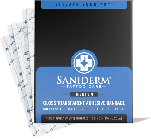 Saniderm Vendaje para Cuidado Posterior de Tatuajes 3 Hojas (Paquete Mediano, 15 cm x 20 cm) – Cómodo, Curación y Protección de Tatuajes Más Rápida