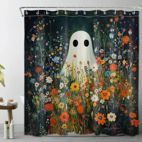 Miniatura 30 de Cortina de ducha de Halloween, cuervo negro, murciélago y árbol muerto en un bosque brumoso espeluznante con ganchos, cortina de baño de noche