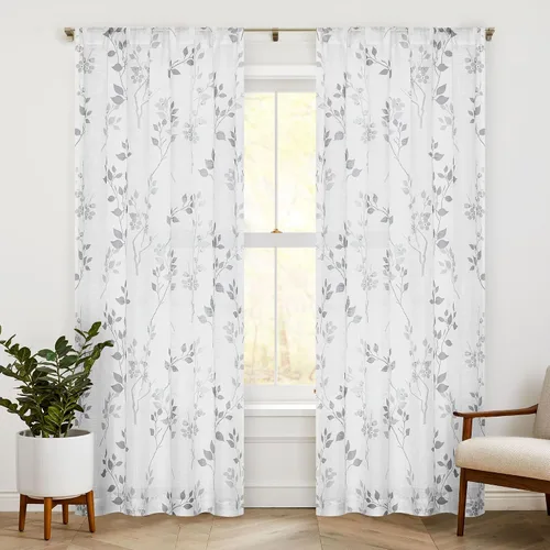 Miniatura 24 de Beauoop 2 paneles de cortinas semitraslúcidas de lino floral de 54 pulgadas de largo, para sala de estar o dormitorio, cortinas rústicas con textura