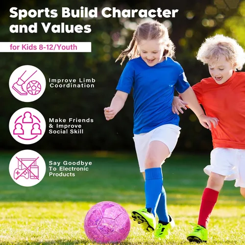 Miniatura 5 de Pelota de fútbol tamaño 4 con purpurina rosa - Pelota de fútbol para niños de 4-6, 6-8, 8-12 años, para deportes al aire libre, entrenamiento