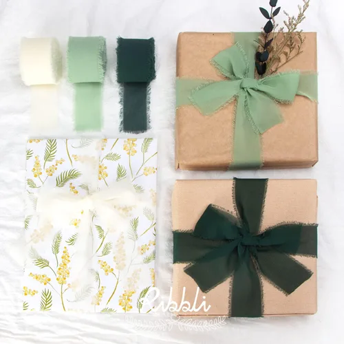 Miniatura 4 de Ribbli - Cinta de gasa de seda de chifón verde bosque, de 1.5 pulgadas x 30 yardas - Hecha a mano, con flecos, para invitaciones de boda, envolver
