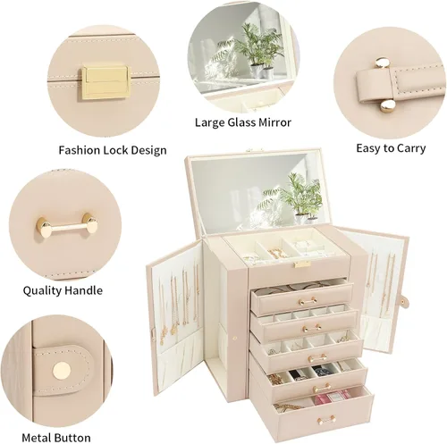 Miniatura 4 de Caja de almacenamiento de joyas, organizador de joyas con 22 ganchos para collares, caja de joyería grande para anillos, pulseras, collares, aretes