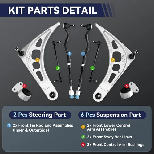 Miniatura 3 de Kit de suspensión delantera E46, brazo de control inferior E46, extremos de barra de acoplamiento, enlaces de barra estabilizadora, kit de dirección
