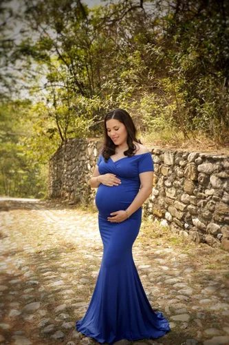 Miniatura 3 de Molliya Vestido largo de maternidad con hombros descubiertos, elegante vestido ajustado elástico, maxi vestido de fotografía, verde azulado