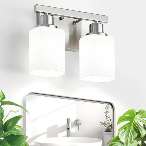Miniatura 25 de Juego de 2 apliques de pared para baño, lámpara de tocador de baño negra, apliques de pared modernos para interiores con vidrio esmerilado cuadrado