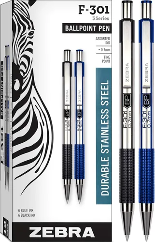 Zebra F-301 - Bolígrafo retráctil con barril de acero inoxidable, punta fina de 0.028 in, paquete de 12, 6 negros y 6 azules