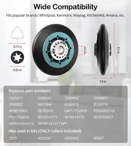 Miniatura 4 de Actualizado EngPair (Paquete de 2) 349241T 8536974 WPW10314173 Kit de rodillo de soporte para tambor de secadora compatible con Whirlpool, Kenmore