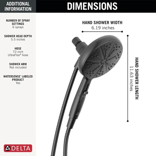 Miniatura 3 de Delta Faucet Cabezal de Ducha Magnético SureDock de 6 Pulverizadores con Rociador de Mano, Cabezal de Ducha Negro con Manguera, Cabezales de Ducha