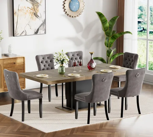 Miniatura 57 de Juego de mesa de comedor extensible de 5 piezas, juego de mesa de comedor extensible de estilo granja para 4, mesa de cocina expandible de madera