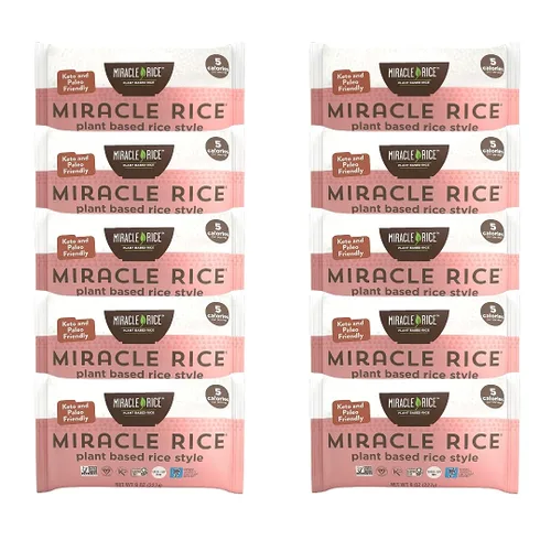 Miracle Noodle Miracle Rice, 8 onzas (paquete de 10), arroz Shirataki Konjac a base de plantas, 5 calorías, 0.04 oz de carbohidratos netos por