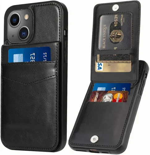 Funda tipo cartera para iPhone 13 con tarjetero de crédito para mujeres y hombres, funda de piel sintética para iPhone 13 de 6.1 pulgadas (negro)