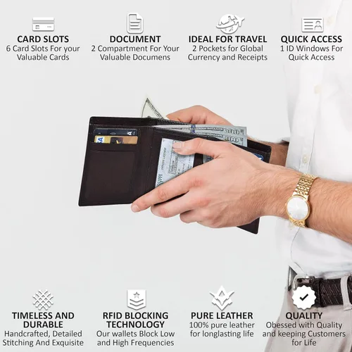 Miniatura 4 de Carteras RFID delgadas para hombre, billetera triple con bolsillo frontal de cuero genuino, Cartera RFID